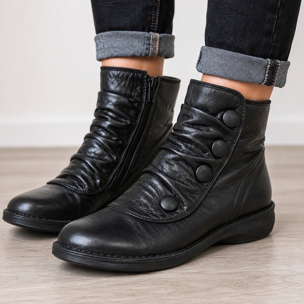 Miz Mooz Pumpkin Black Leather Ruched Button Ankle Boots EU 39 Womens - Picture 10 of 10